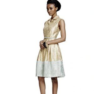 NWT Duro Olowu Metallic Fit and Flare Sleeveless Dress | Gold and Green | Size 6